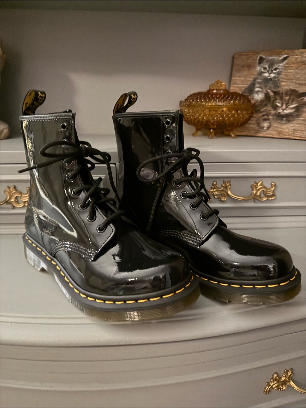 Dr. Martens Black Patent Lace-Up Boots with Yellow Welt Stitching